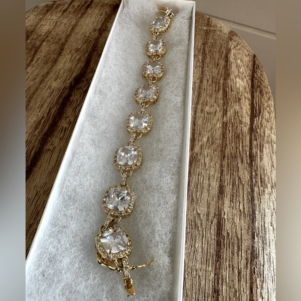 14k gold plated cushion cut halo link bridal bracelet